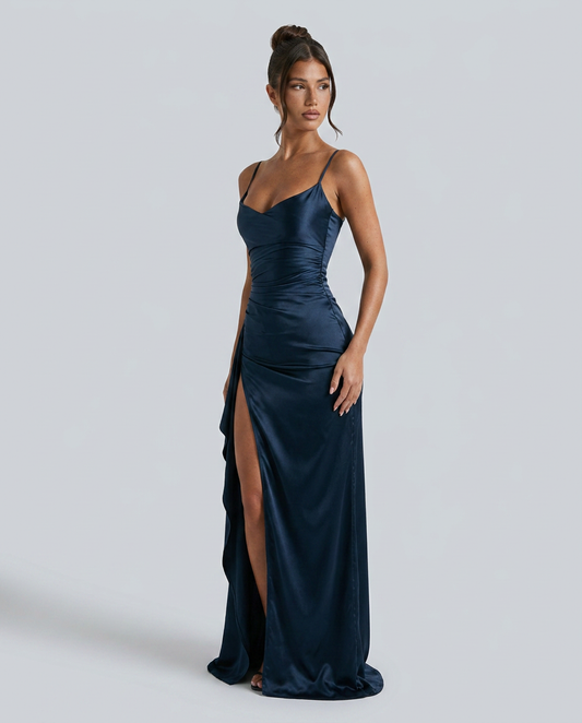 Women's Formal Satin Maxi Dress with Cowl Neck and Thigh Split