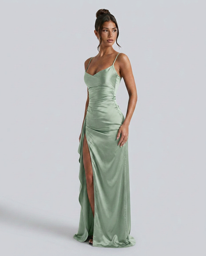Women's Formal Satin Maxi Dress with Cowl Neck and Thigh Split