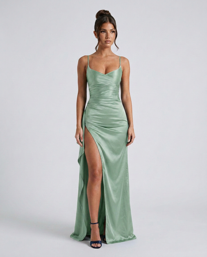 Women's Formal Satin Maxi Dress with Cowl Neck and Thigh Split