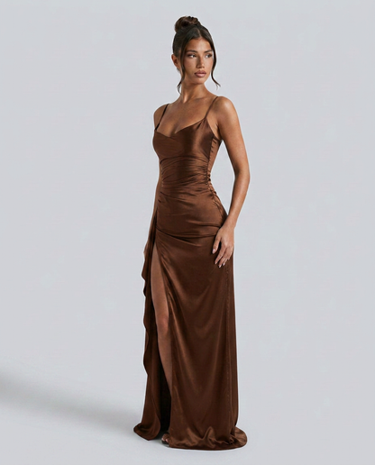Women's Formal Satin Maxi Dress with Cowl Neck and Thigh Split
