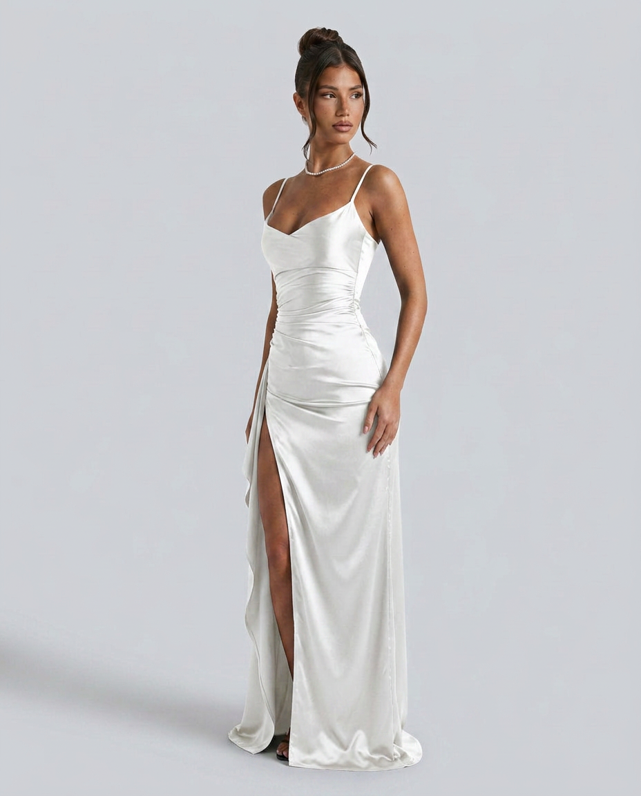 Women's Formal Satin Maxi Dress with Cowl Neck and Thigh Split