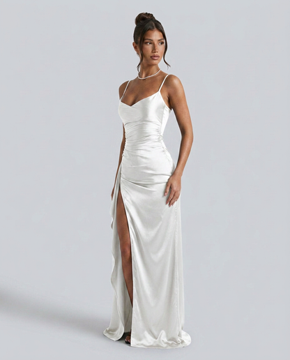Women's Formal Satin Maxi Dress with Cowl Neck and Thigh Split