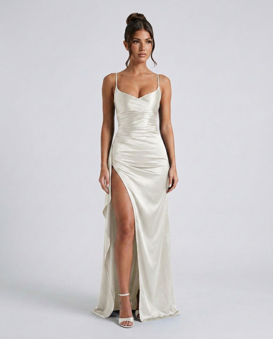 Women's Formal Satin Maxi Dress with Cowl Neck and Thigh Split