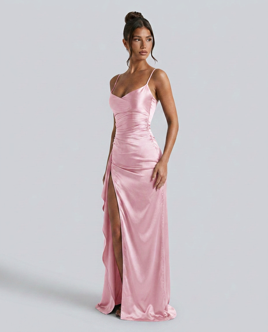 Women's Formal Satin Maxi Dress with Cowl Neck and Thigh Split