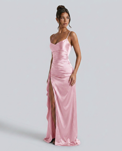 Women's Formal Satin Maxi Dress with Cowl Neck and Thigh Split