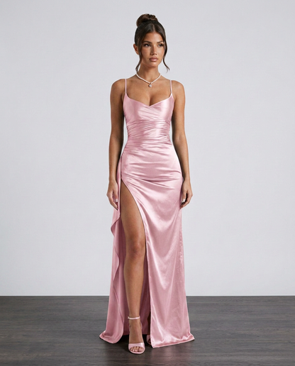 Women's Formal Satin Maxi Dress with Cowl Neck and Thigh Split