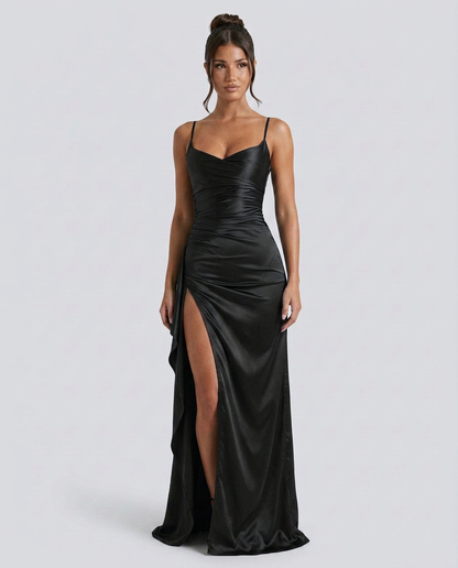 Women's Formal Satin Maxi Dress with Cowl Neck and Thigh Split