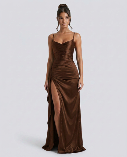 Women's Formal Satin Maxi Dress with Cowl Neck and Thigh Split