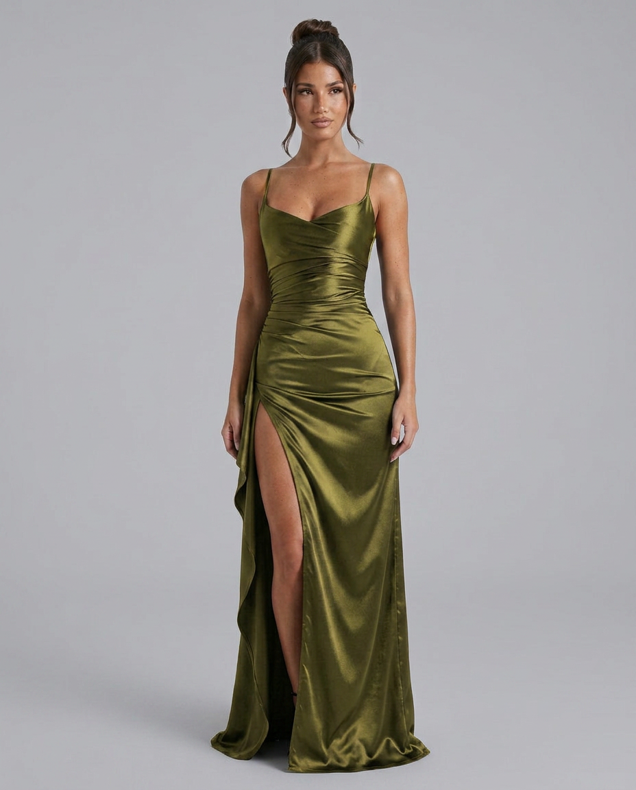 Women's Formal Satin Maxi Dress with Cowl Neck and Thigh Split