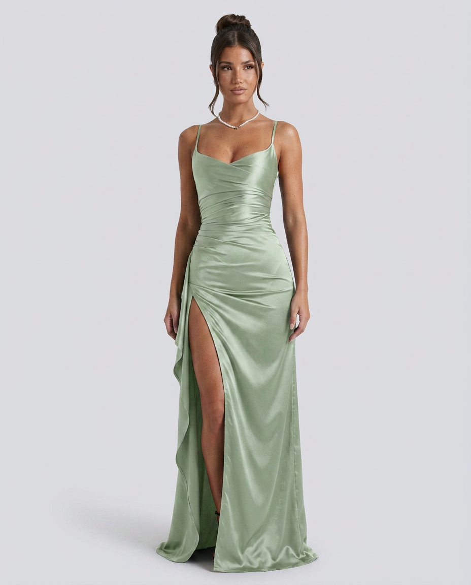 Women's Formal Satin Maxi Dress with Cowl Neck and Thigh Split