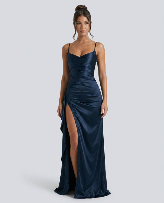 Women's Formal Satin Maxi Dress with Cowl Neck and Thigh Split