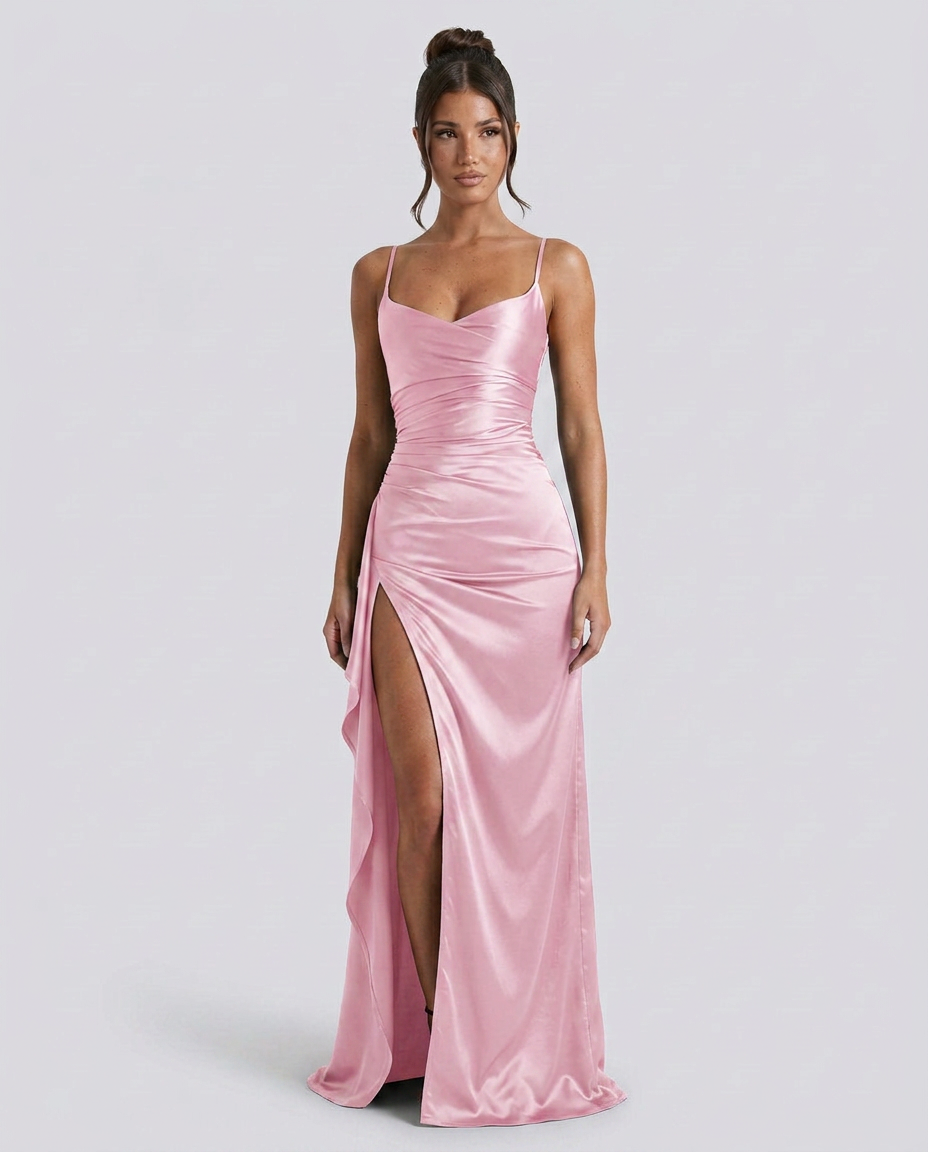 Women's Formal Satin Maxi Dress with Cowl Neck and Thigh Split