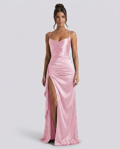 Women's Formal Satin Maxi Dress with Cowl Neck and Thigh Split