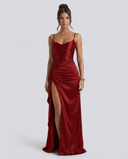Women's Formal Satin Maxi Dress with Cowl Neck and Thigh Split