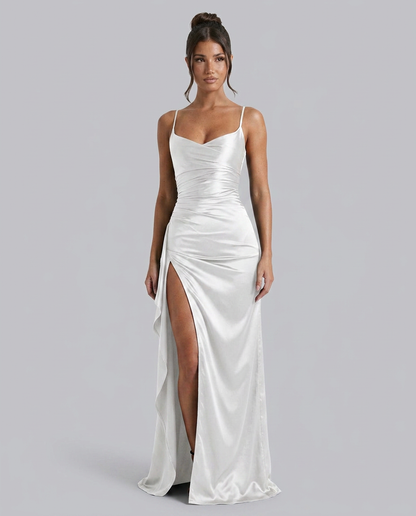 Women's Formal Satin Maxi Dress with Cowl Neck and Thigh Split