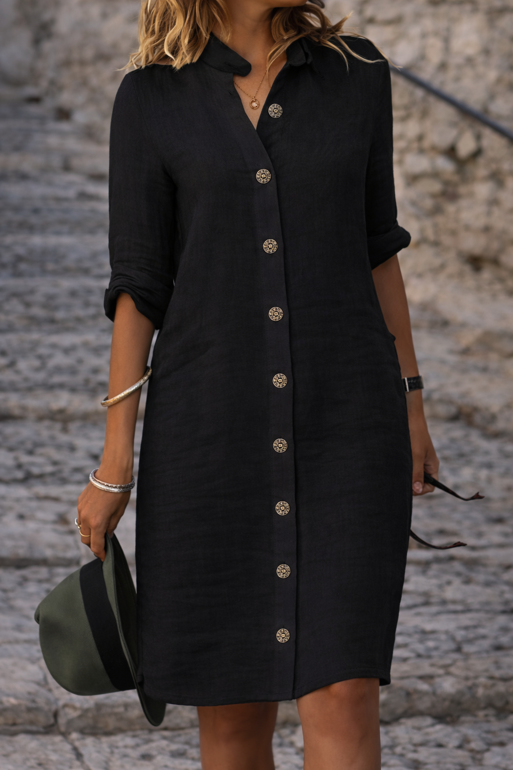 Women's Half Sleeve Button-Front Shirt Dress