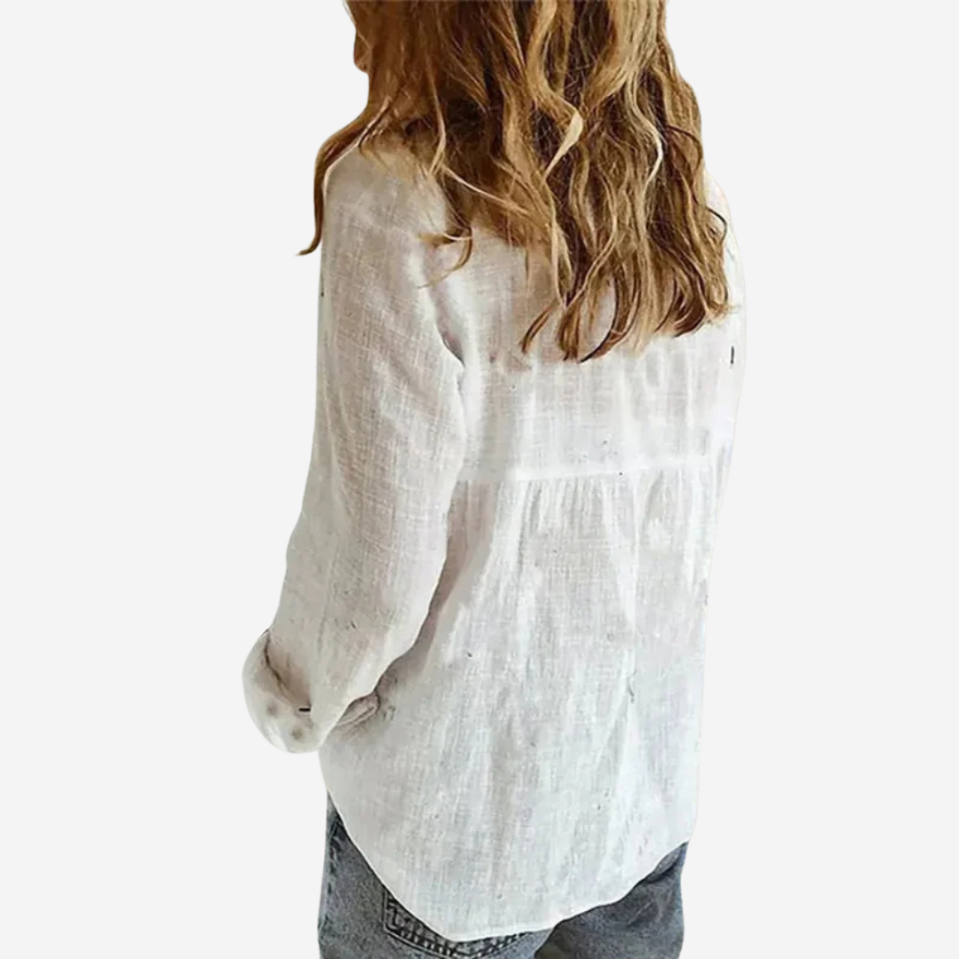 Women's Linen-Blend Long Sleeve Collared Blouse