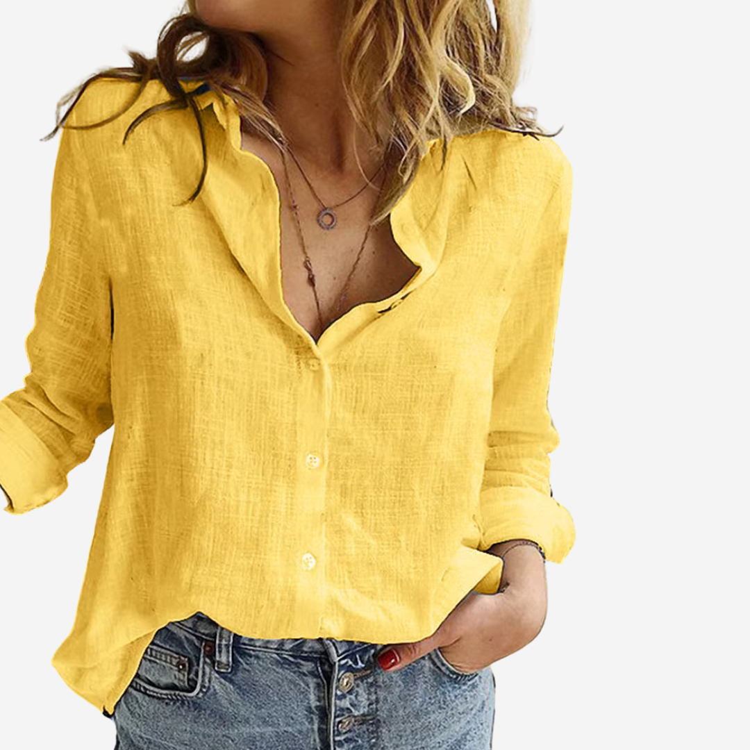 Women's Linen-Blend Long Sleeve Collared Blouse