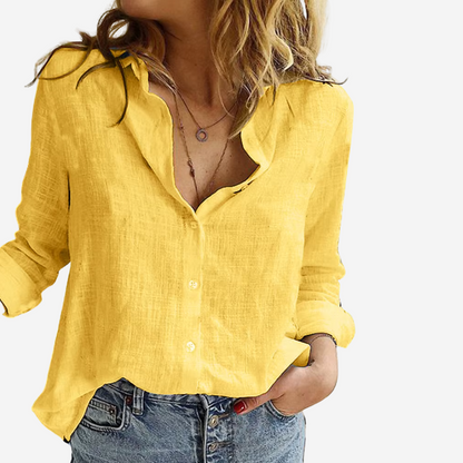 Women's Linen-Blend Long Sleeve Collared Blouse