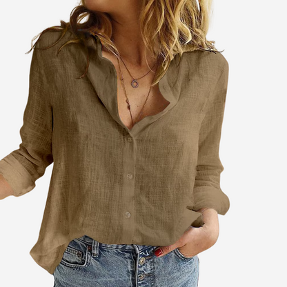 Women's Linen-Blend Long Sleeve Collared Blouse