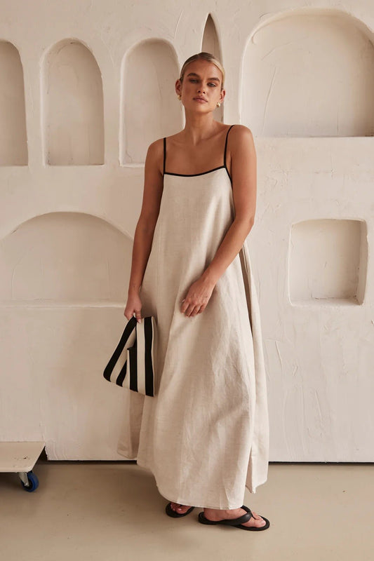 Women's Linen Maxi Dress with Contrast Trim and Adjustable Straps