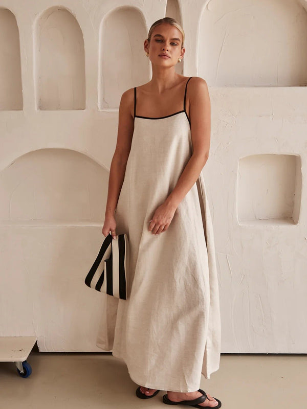 Women's Linen Maxi Dress with Contrast Trim and Adjustable Straps