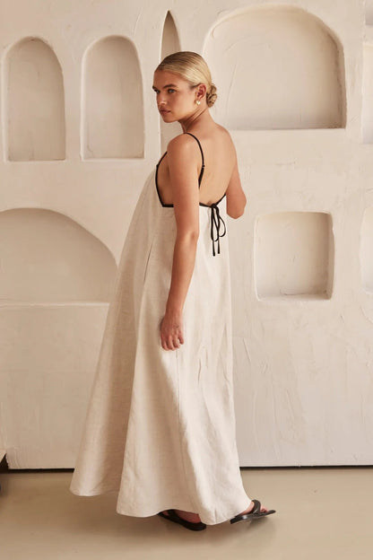 Women's Linen Maxi Dress with Contrast Trim and Adjustable Straps
