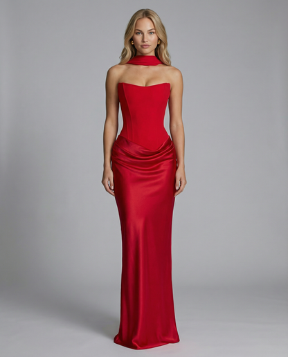 Women's Maxi Dress with Strapless Corset and Draped Skirt