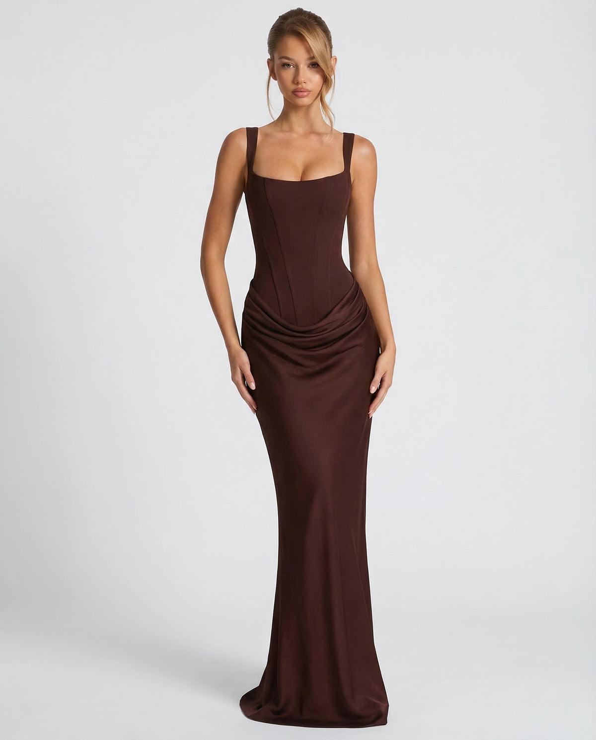 Women's Maxi Evening Dress with Square Neck and Draped Waist
