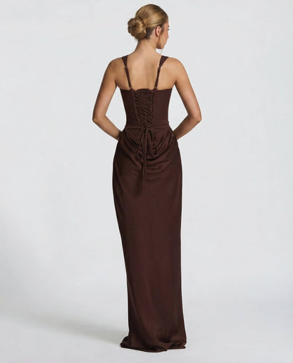 Women's Maxi Evening Dress with Square Neck and Draped Waist