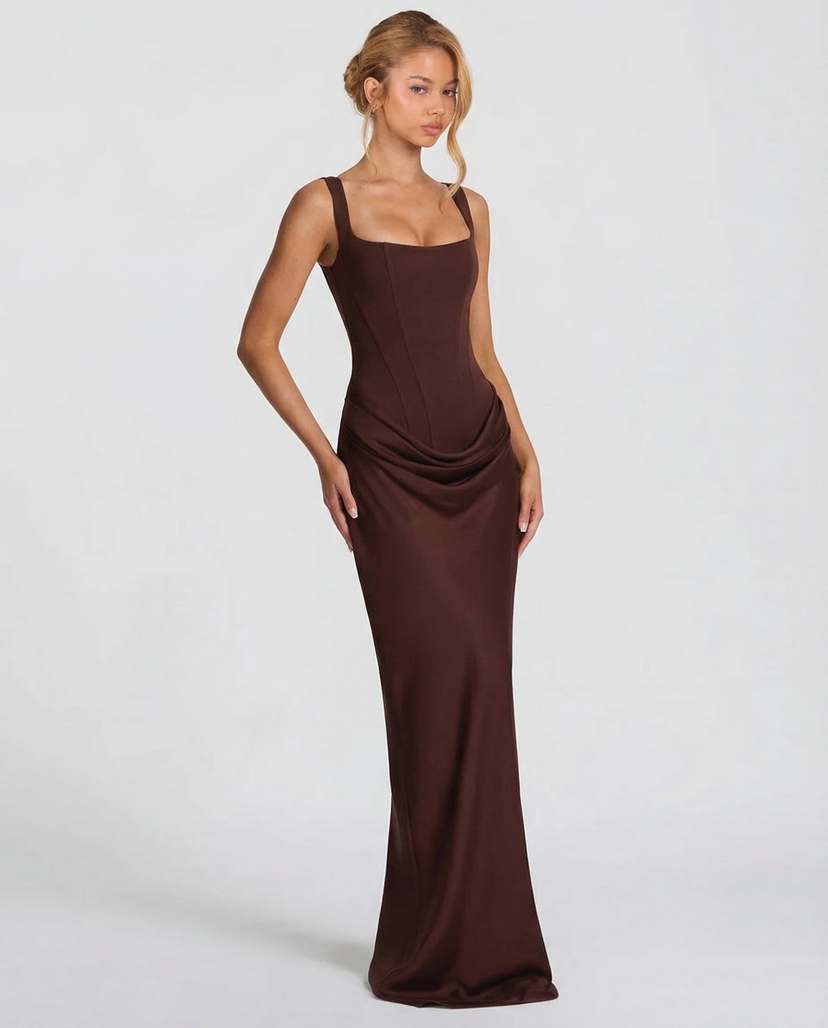 Women's Maxi Evening Dress with Square Neck and Draped Waist