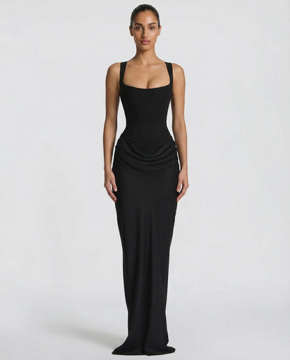 Women's Maxi Evening Dress with Square Neck and Draped Waist