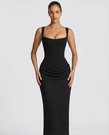 Women's Maxi Evening Dress with Square Neck and Draped Waist