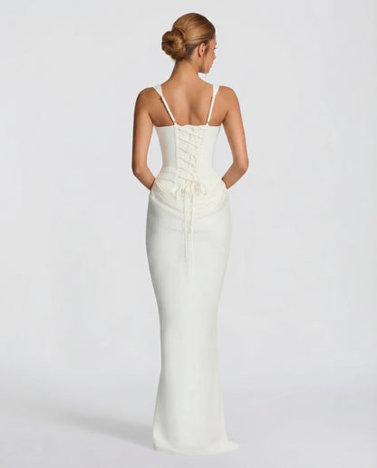 Women's Maxi Evening Dress with Square Neck and Draped Waist