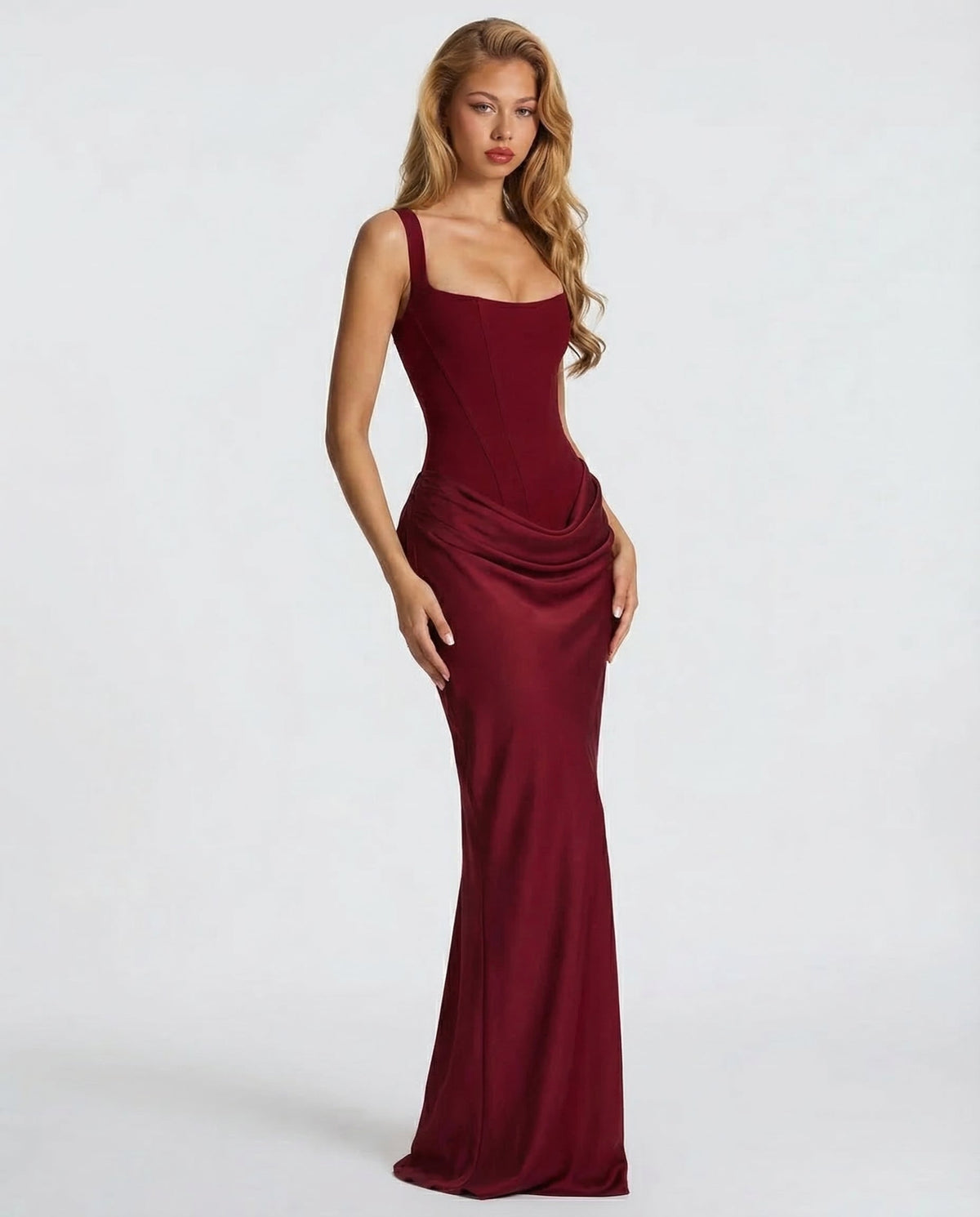 Women's Maxi Evening Dress with Square Neck and Draped Waist