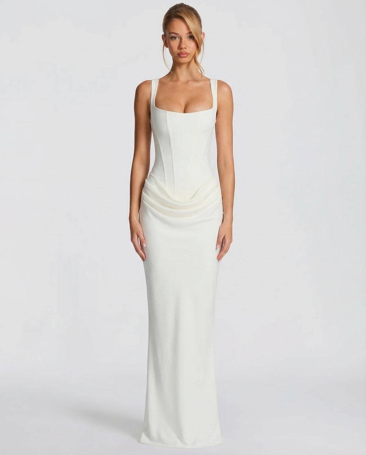 Women's Maxi Evening Dress with Square Neck and Draped Waist