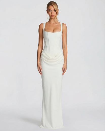 Women's Maxi Evening Dress with Square Neck and Draped Waist