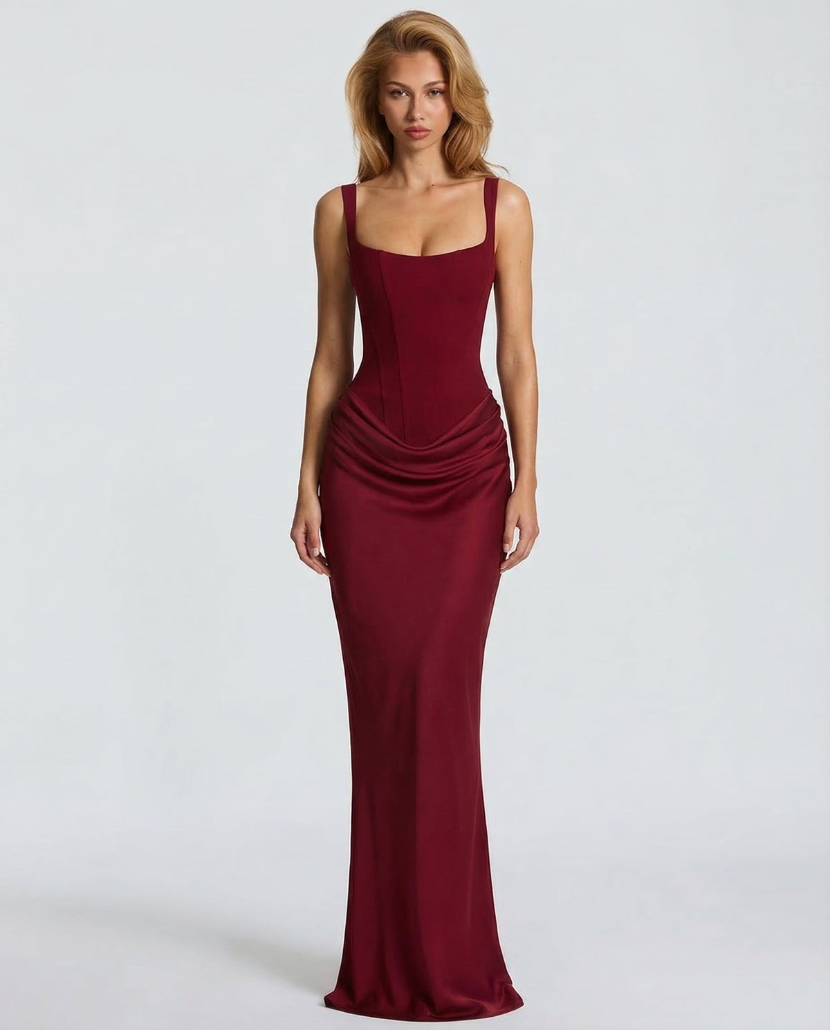 Women's Maxi Evening Dress with Square Neck and Draped Waist