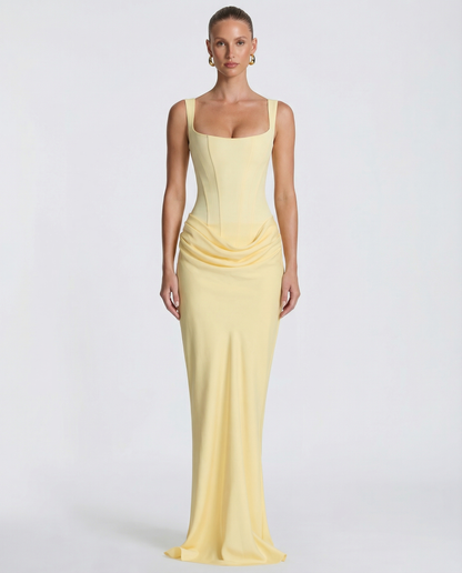 Women's Maxi Evening Dress with Square Neck and Draped Waist