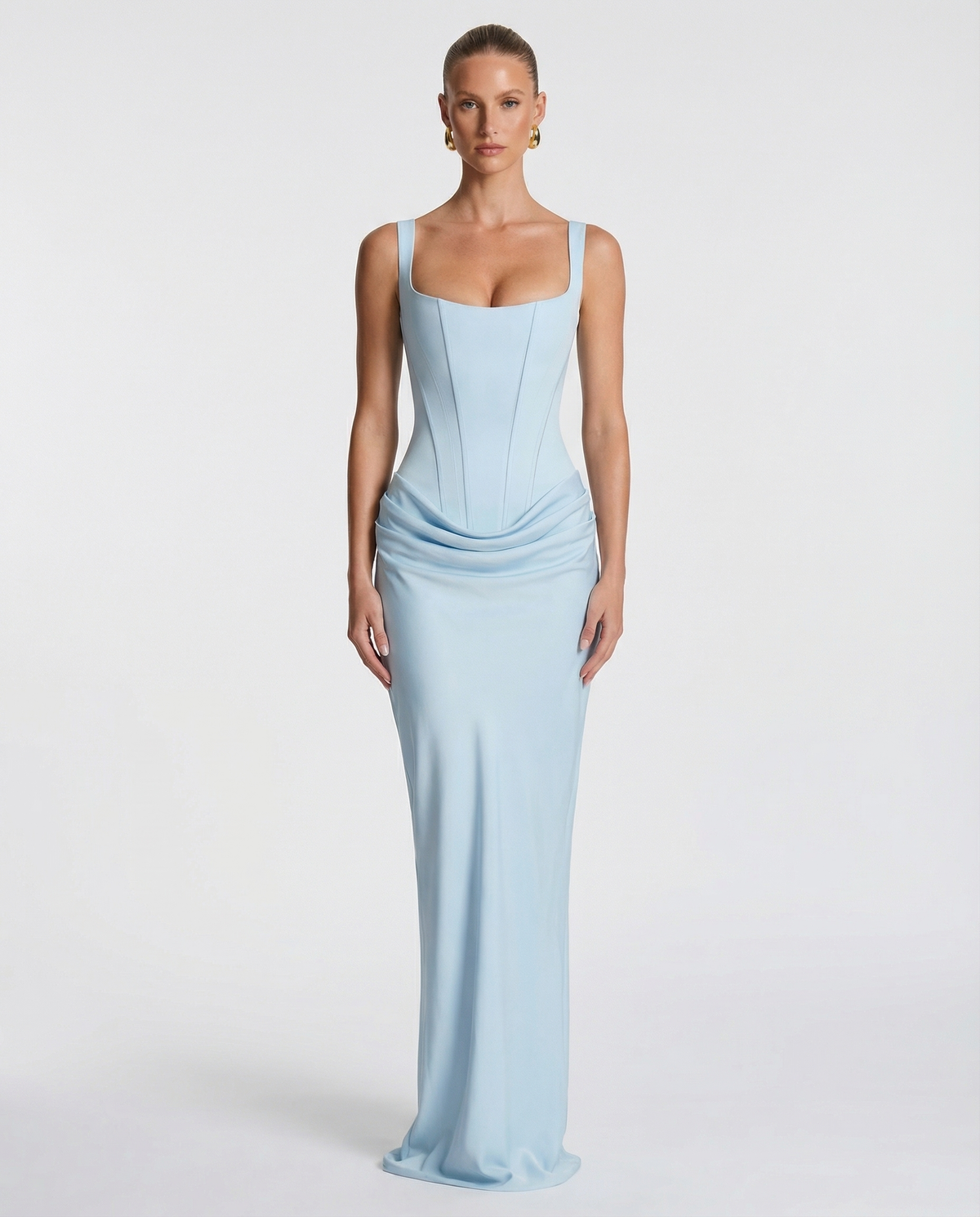 Women's Maxi Evening Dress with Square Neck and Draped Waist