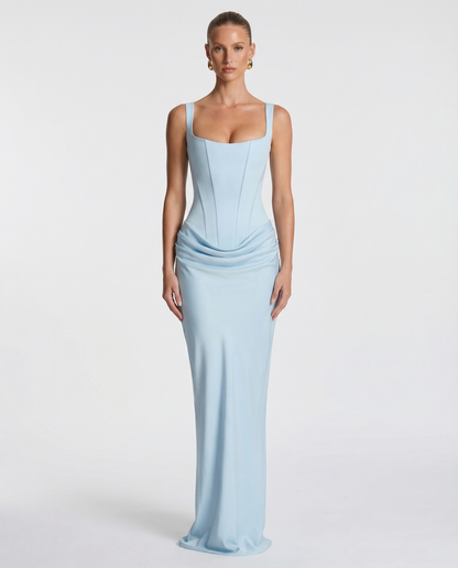 Women's Maxi Evening Dress with Square Neck and Draped Waist