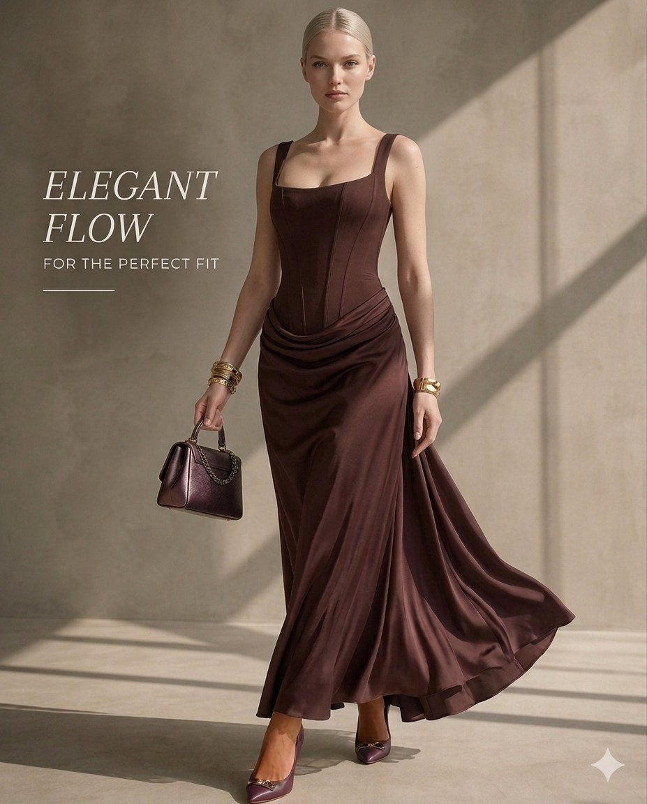 Women's Maxi Evening Dress with Square Neck and Draped Waist
