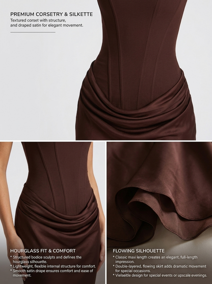 Women's Maxi Evening Dress with Square Neck and Draped Waist