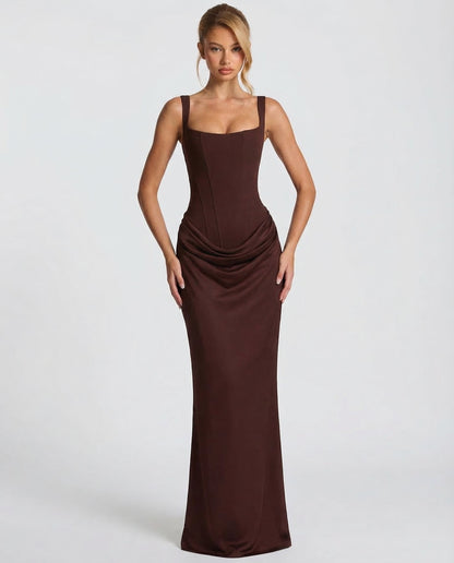 Women's Maxi Evening Dress with Square Neck and Draped Waist