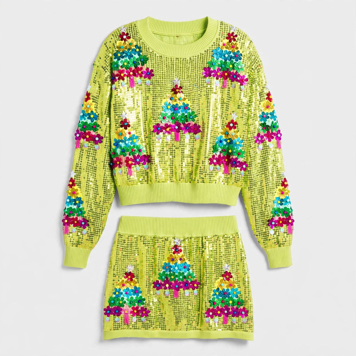 Women's Multicolour Sequin Tree Christmas Two-Piece Set
