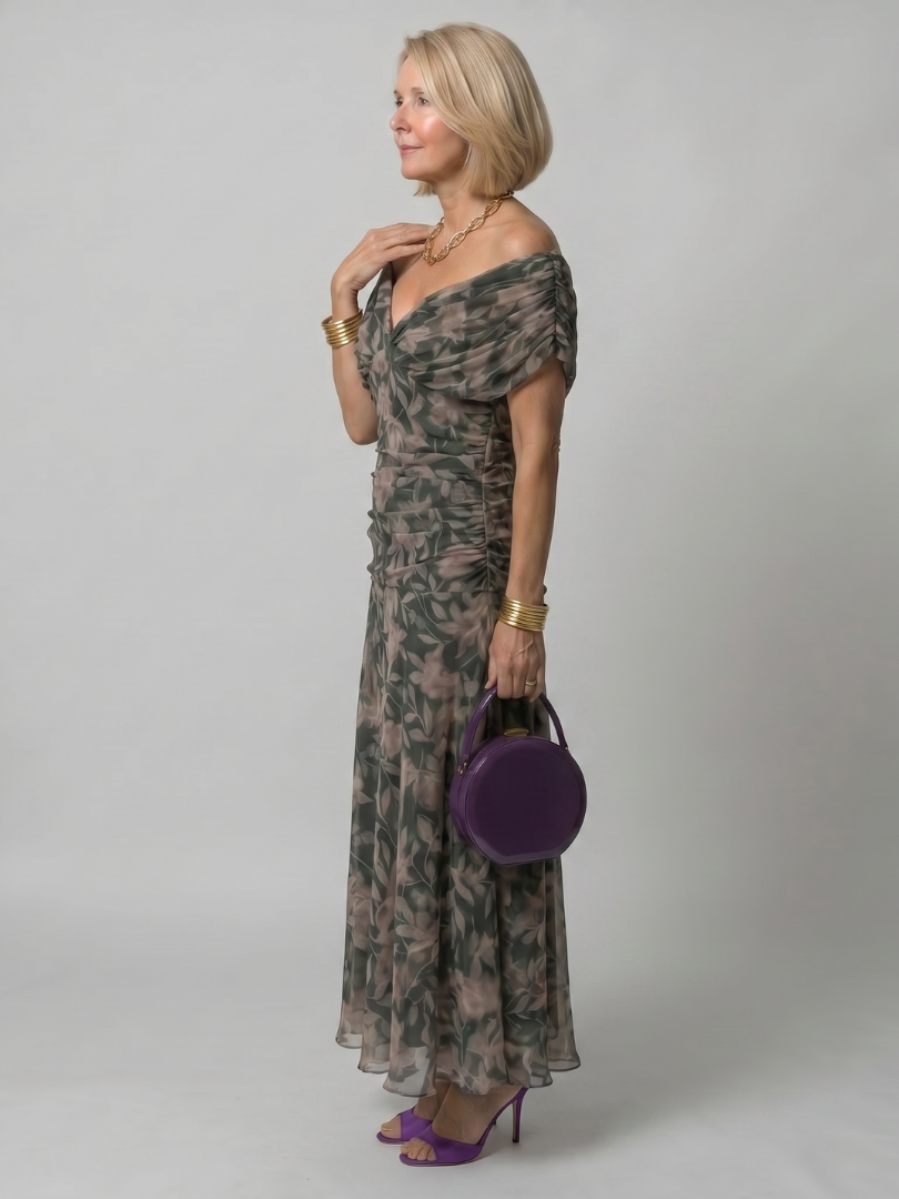 Women's Off Shoulder Midi Summer Dress with Flowy Skirt