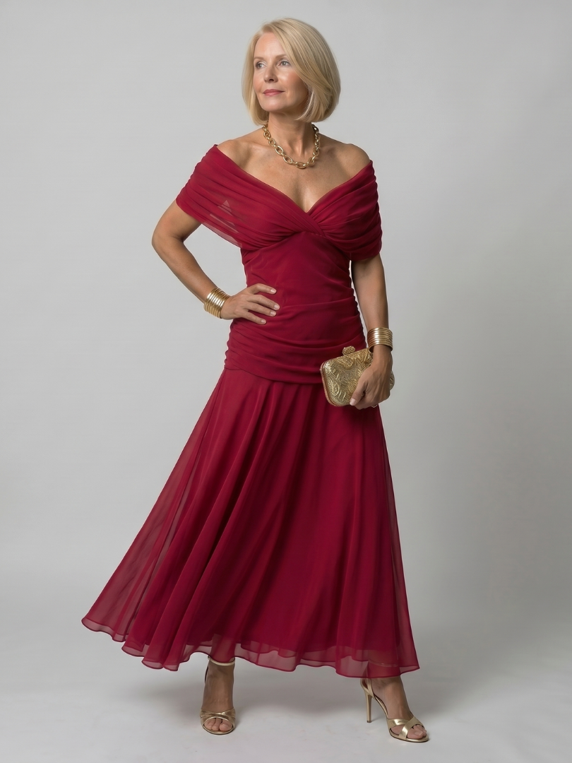 Women's Off Shoulder Midi Summer Dress with Flowy Skirt