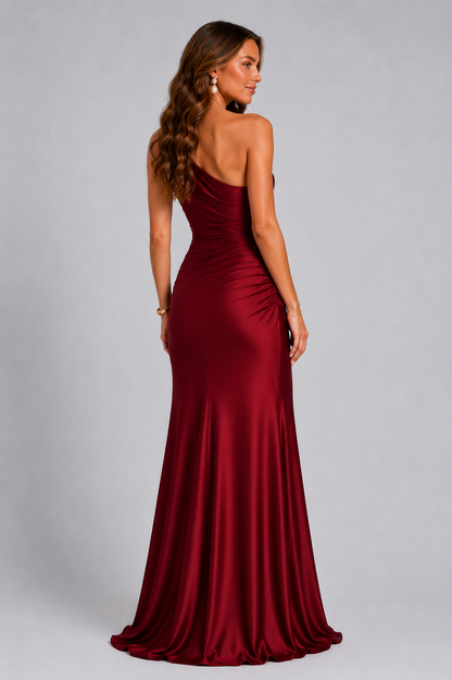 Women's One Shoulder Draped Satin Maxi Dress