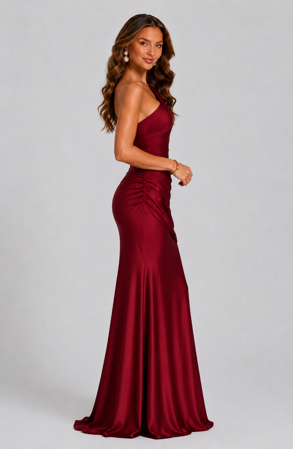 Women's One Shoulder Draped Satin Maxi Dress
