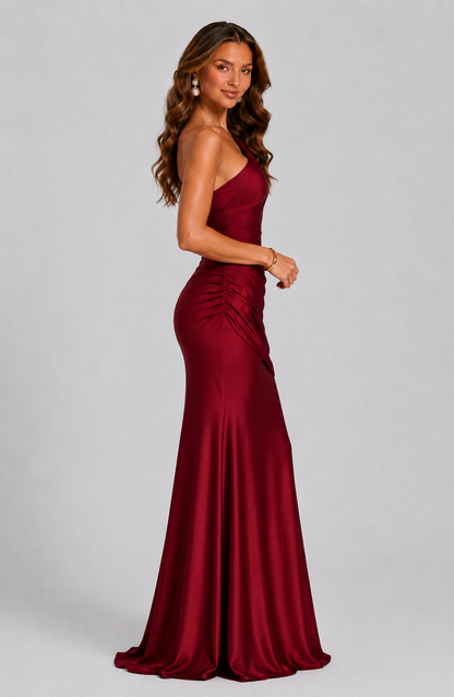 Women's One Shoulder Draped Satin Maxi Dress